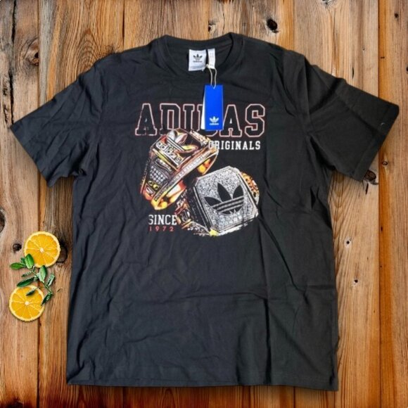 Adidas Originals Black Graphic T-Shirt bling mens L size Large trefoil and ring - Picture 2 of 5
